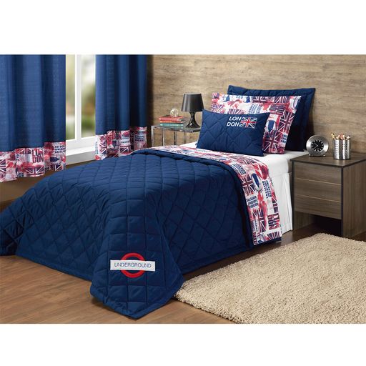 Edredom Solteiro 140 Fios London Marinho Casaborda 4 Pecas Emporio