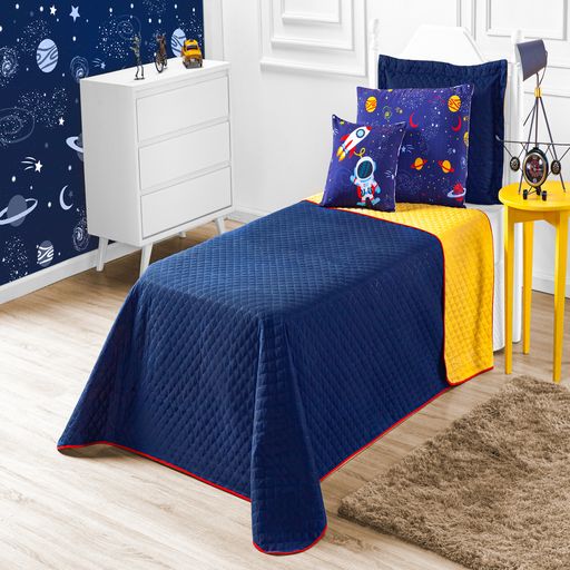 Cobre-Leito-Solteiro-Astronauta-Marinho-e-Amarelo-Enxovais-Aquarela-5-pecas